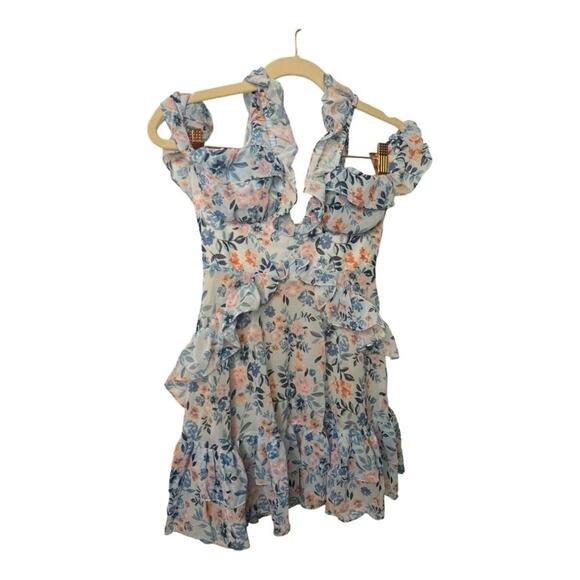 Lovers + Friends Jojo Mini Dress Ruffle Shoulder Cut Out Dainty Meadow Floral XS - Picture 6 of 11